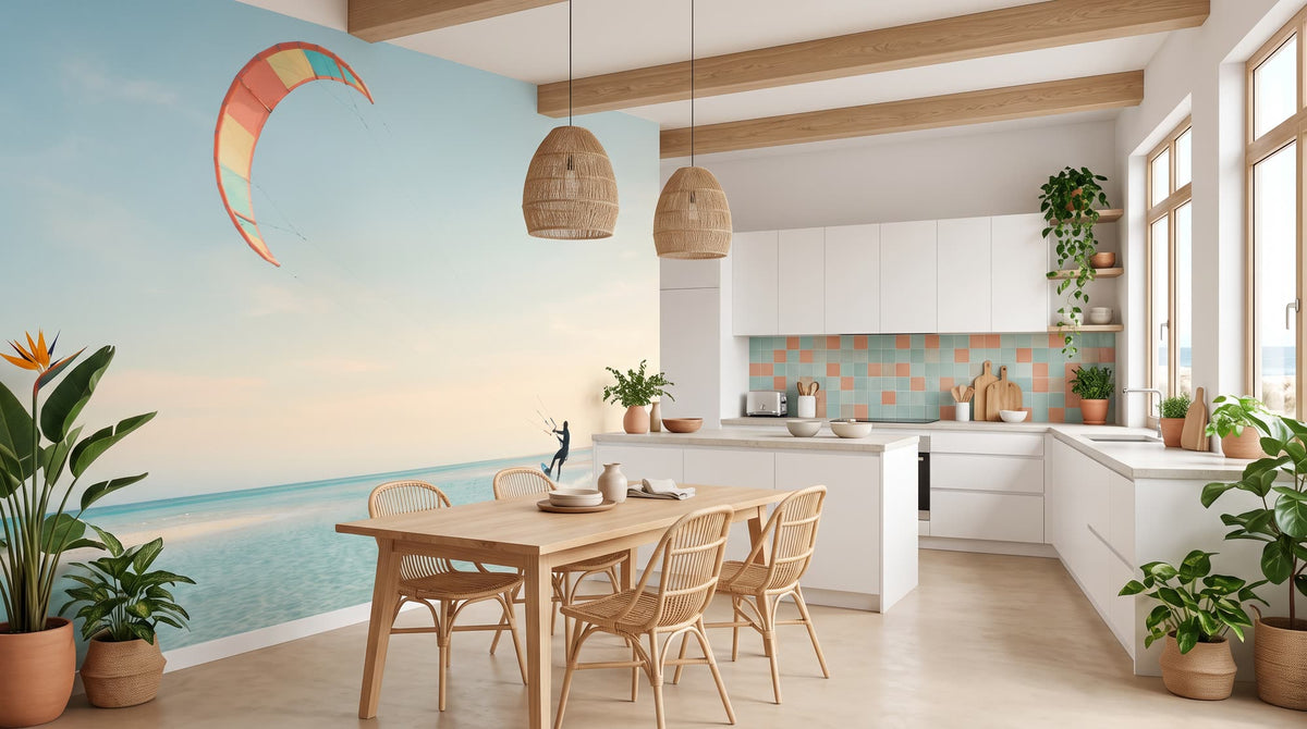 Mural Kitesurf Saltando en una Bahía, Turquesa y Coral instalado en un cocina