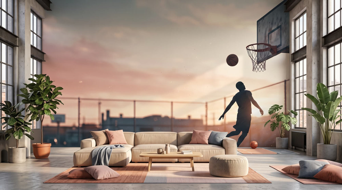 Mural Baloncesto Callejero al Atardecer, Terracota y Rosa instalado en un salón