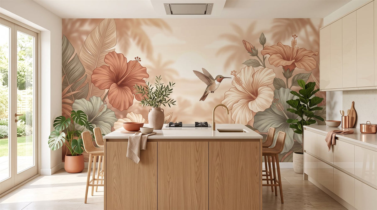 Mural Hibiscos Tropicales al Atardecer instalado