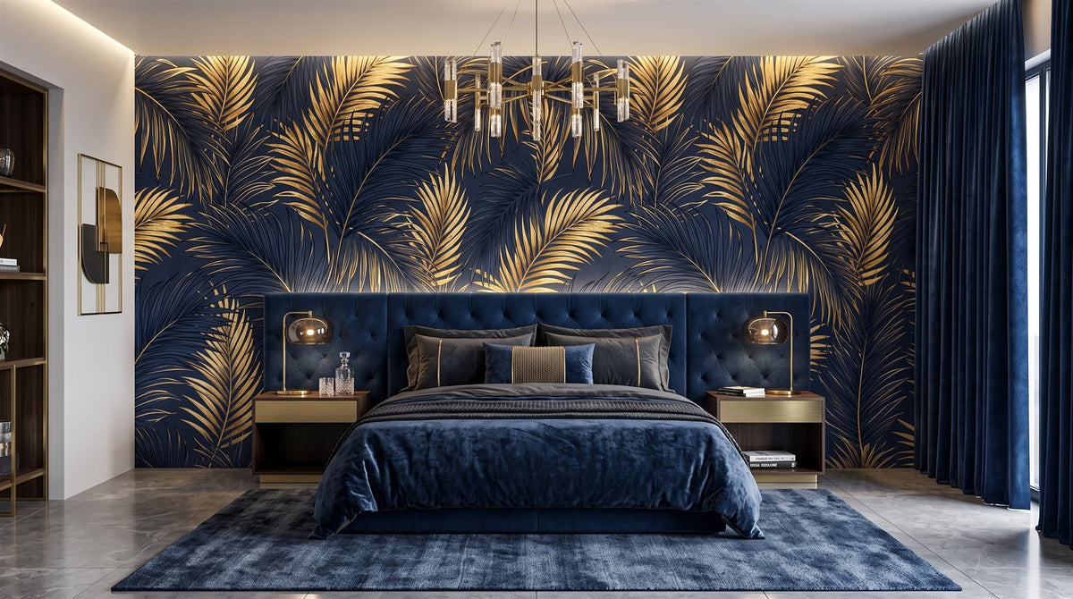 Mural Hojas de Palmera en Azul Marino y Oro instalado