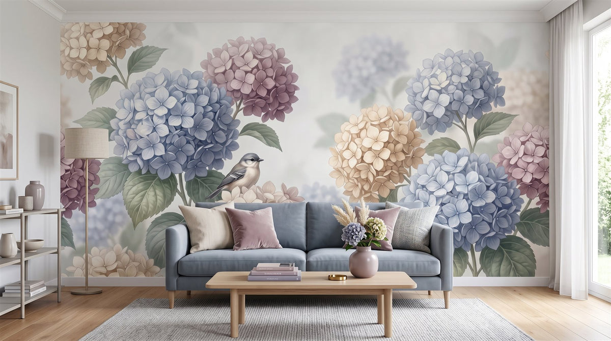 Mural Hortensias en Azul y Malva instalado