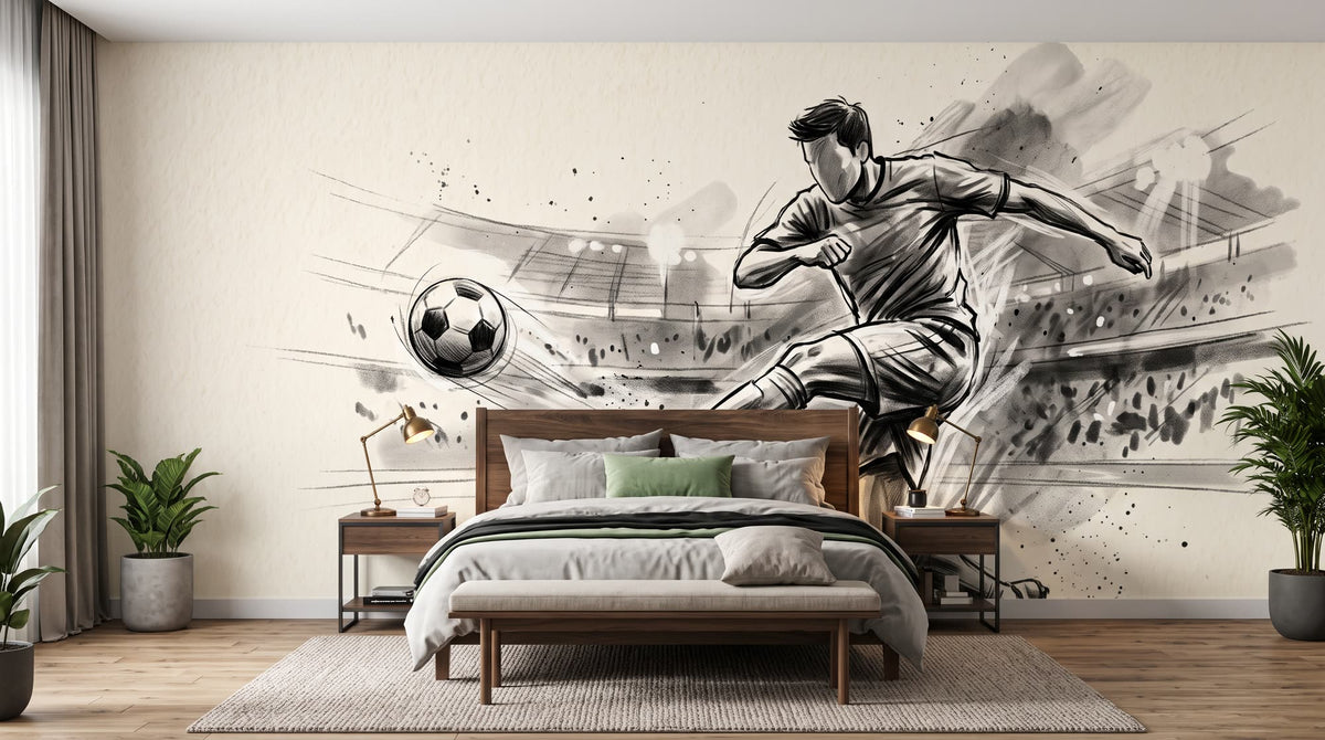 Mural Fútbol, Delantero en Disparo, Boceto a Carboncillo instalado en un dormitorio