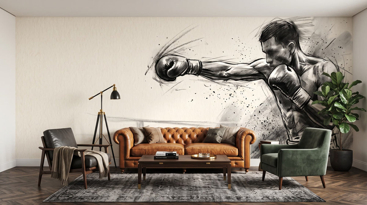 Mural Boxeo, Golpe de Guante, Boceto a Carboncillo instalado en un salón