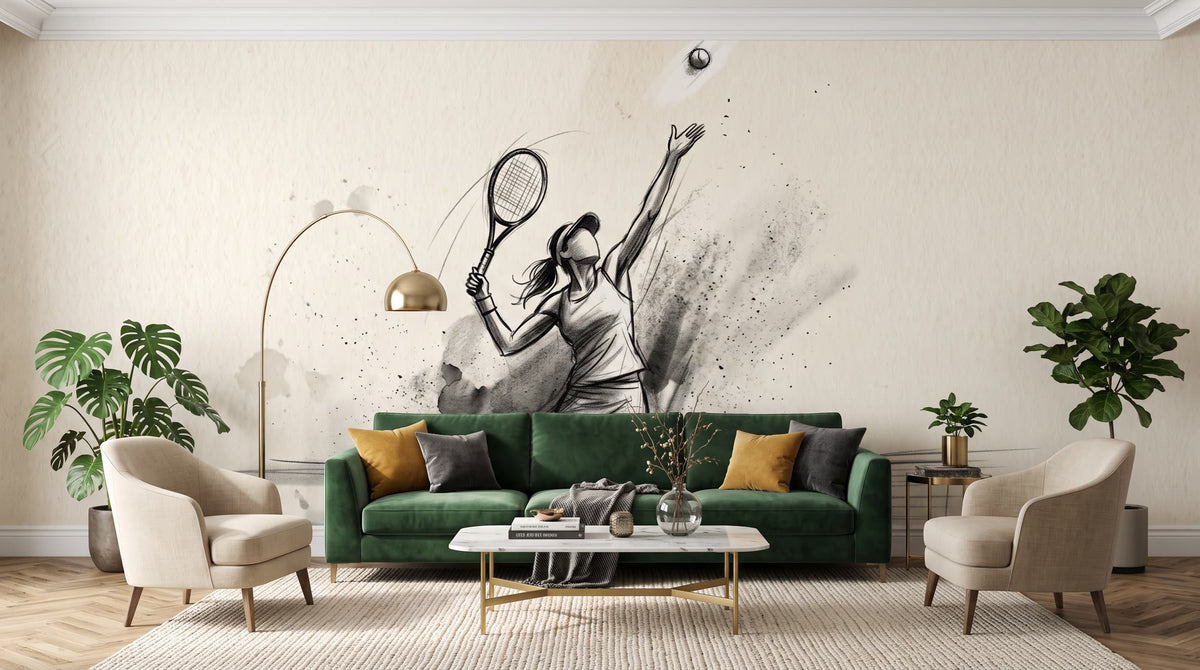 Mural Tenis, Saque sobre Tierra Batida, Boceto a Carboncillo instalado en un salón