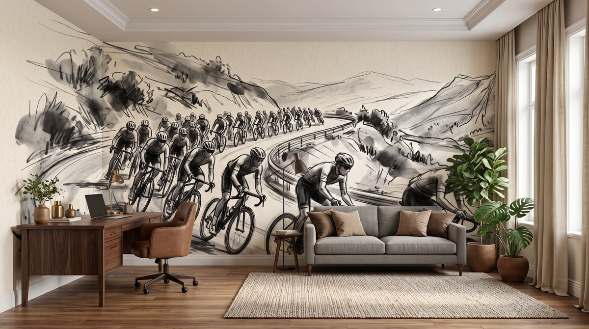 Mural Ciclismo, Pelotón en una Curva de Montaña, Boceto a Carboncillo instalado en un despacho