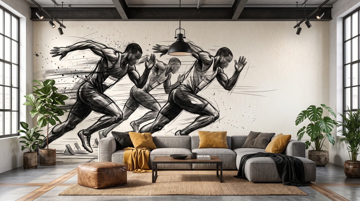 Mural Atletismo, Velocistas en la Salida, Boceto a Carboncillo instalado en un salón