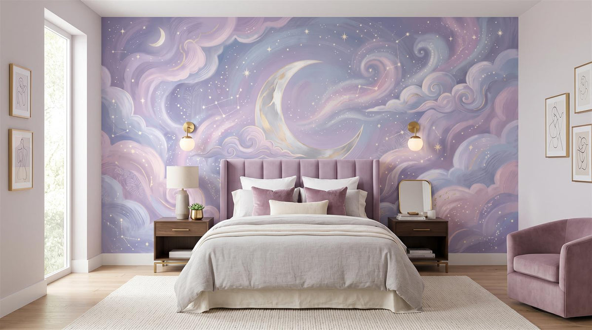 Mural Luna Creciente entre Nubes Lilas instalado