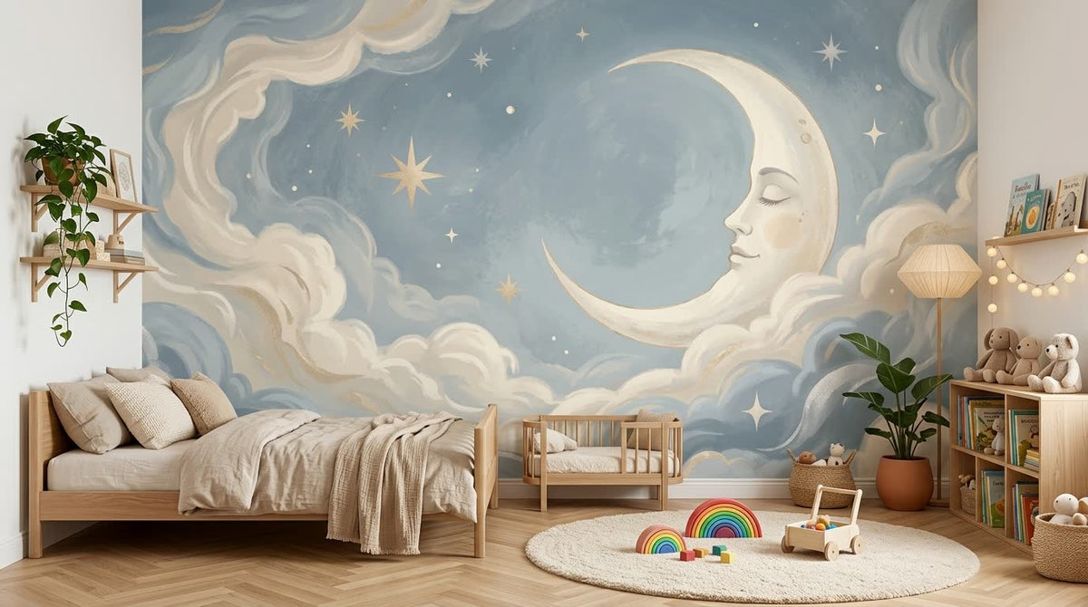 Mural Luna y Nubes en Azul instalado