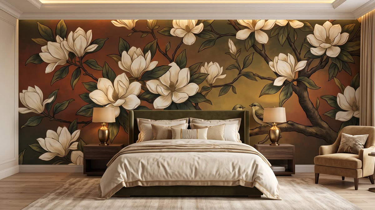 Mural Magnolias sobre Fondo Oscuro y Oro instalado