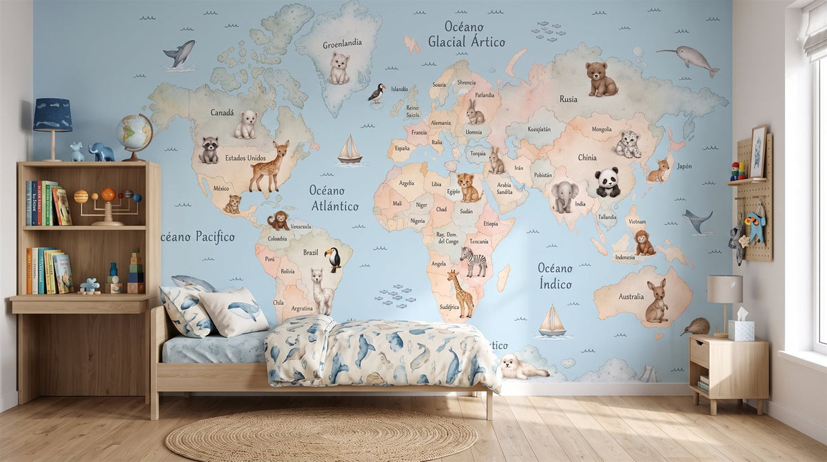 Mural Mapamundi de Animales en Azul instalado