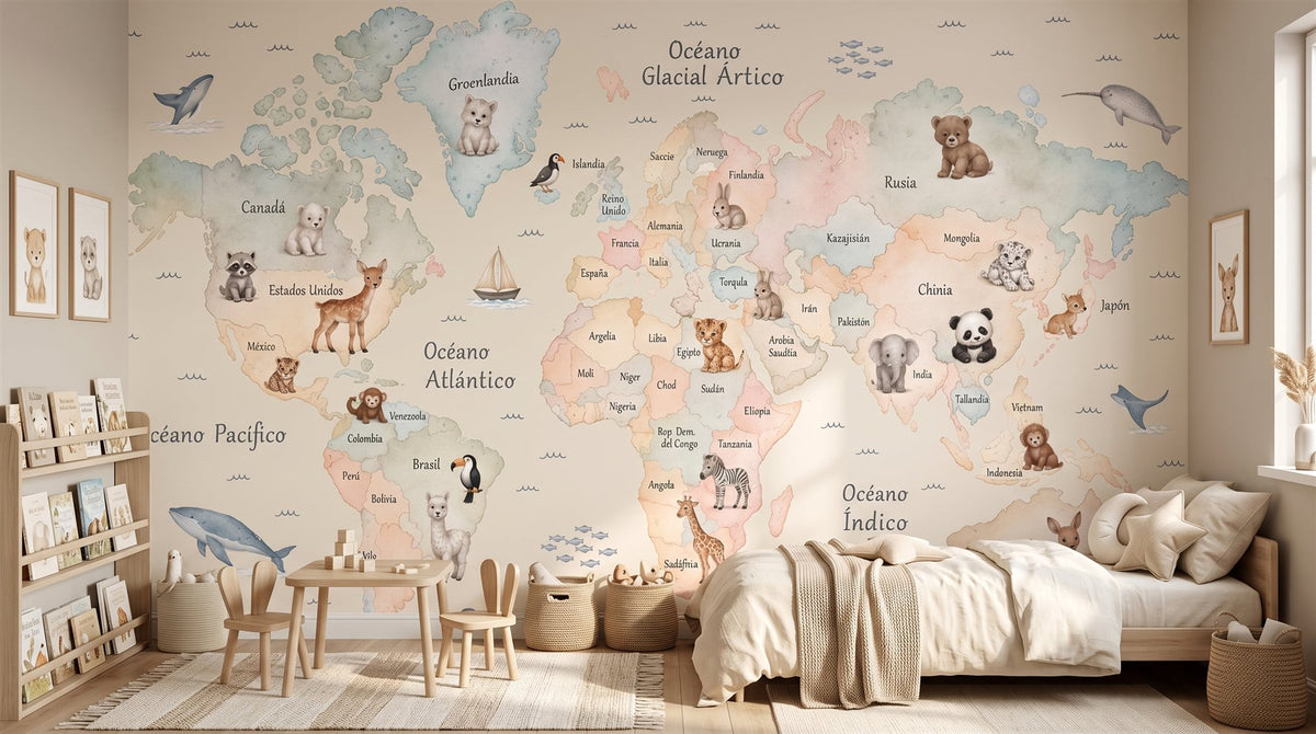 Mural Mapamundi de Animales instalado