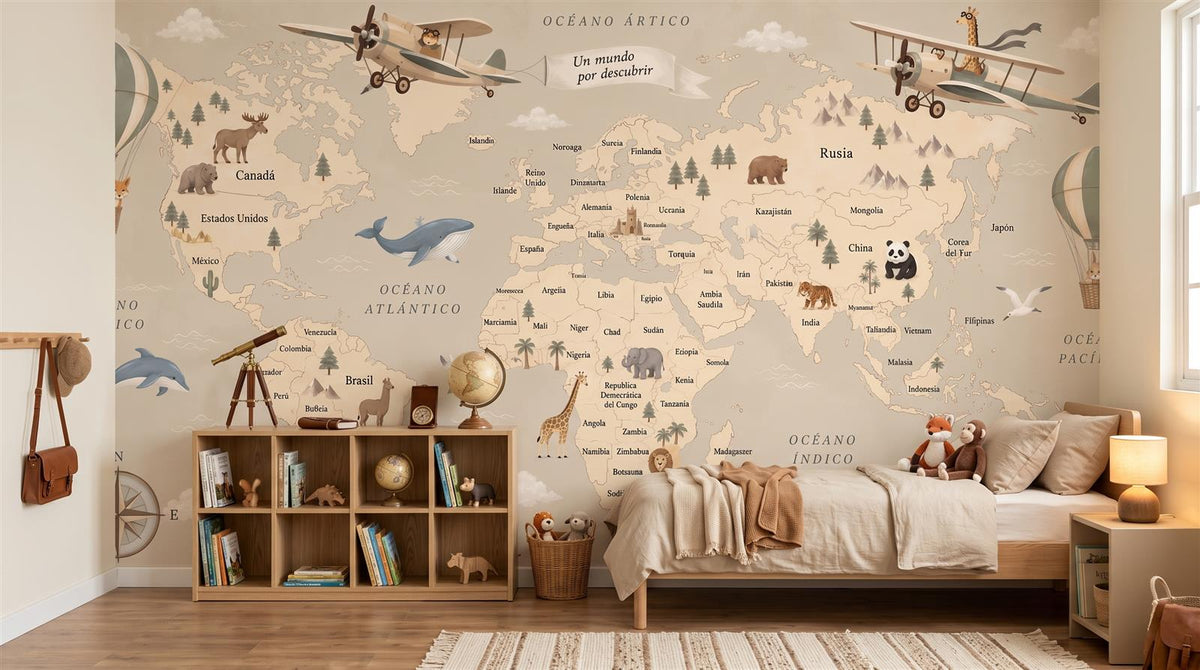 Mural Mapamundi Vintage con Globos en Beige instalado