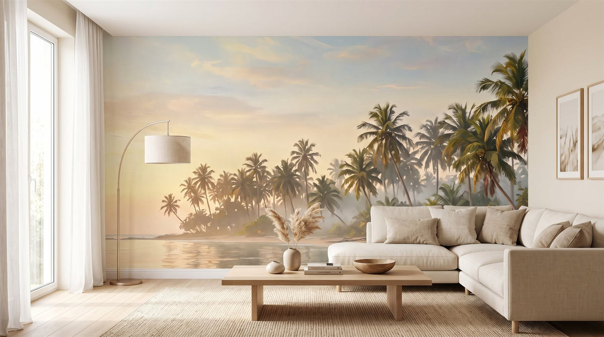 Mural Palmeras al Amanecer entre Niebla instalado