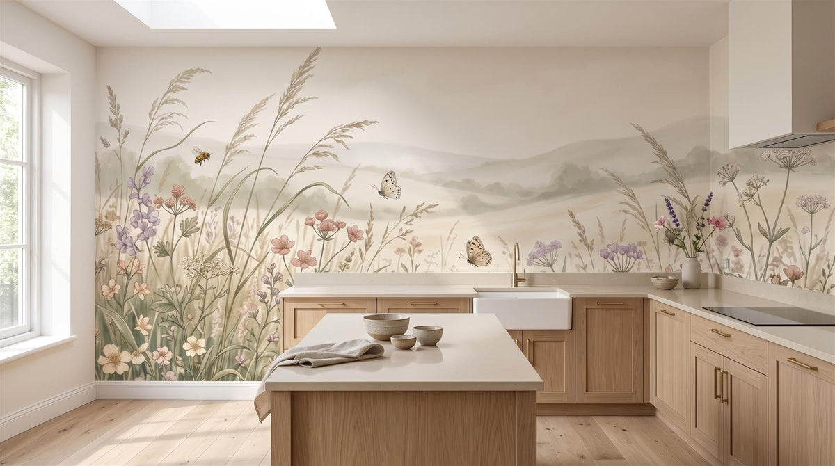 Mural Prado Suave de Flores y Mariposas instalado