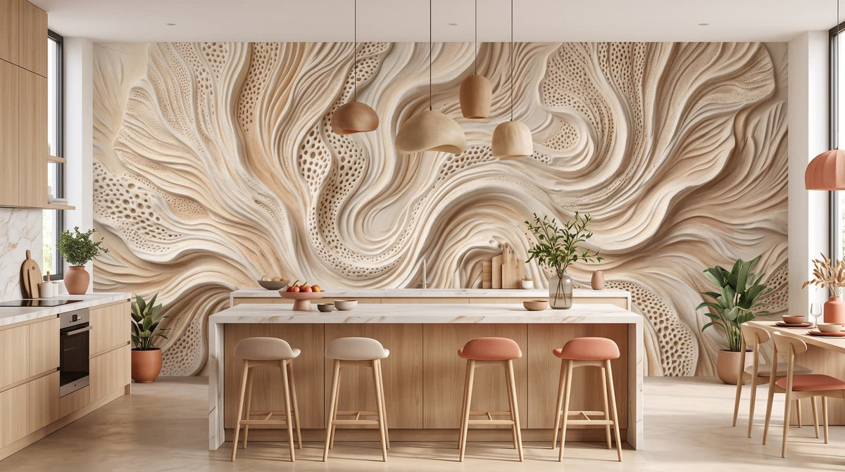 Mural Relieve Escultórico en Coral y Crema instalado