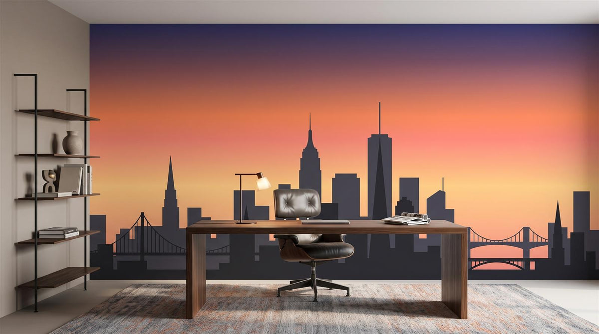 Mural Skyline Minimalista al Atardecer instalado