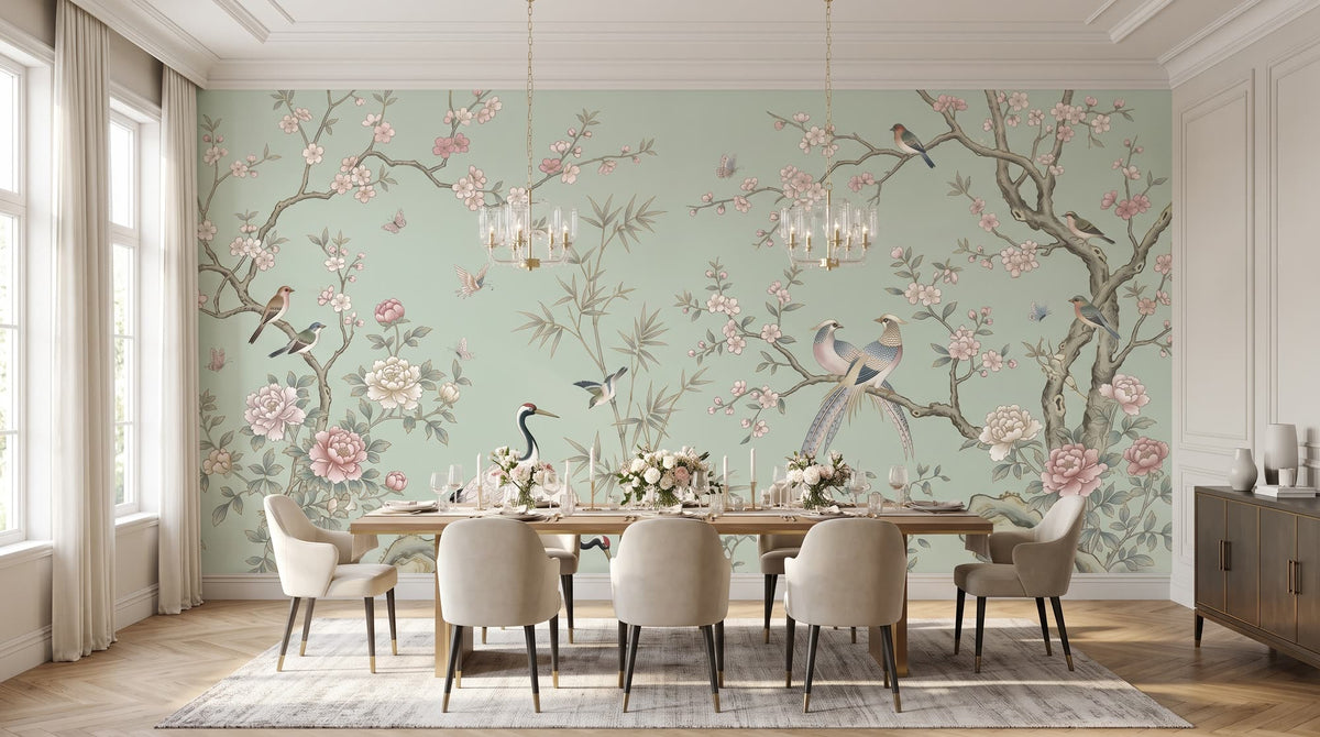 Mural Chinoiserie Celadón con Aves y Peonías instalado en un salón