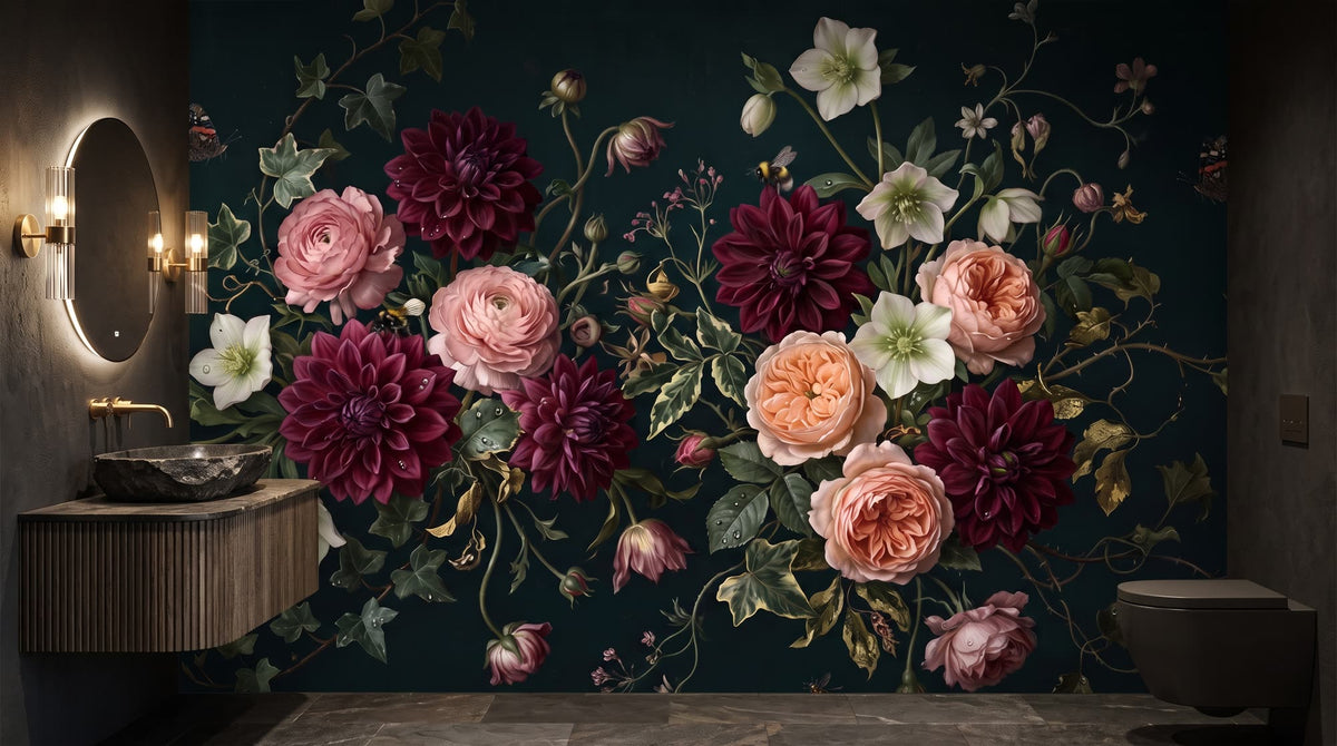 Mural Flores Oscuras al Estilo de los Maestros Holandeses instalado en un baño