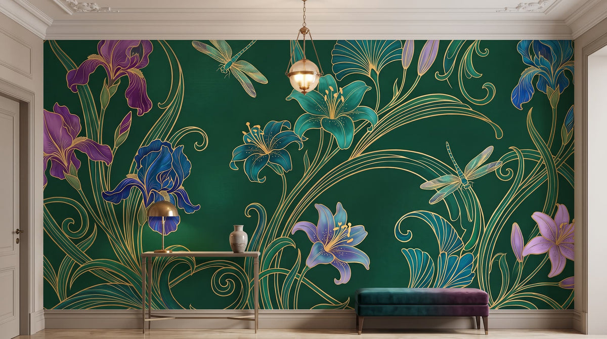 Mural Art Nouveau de Iris y Libélulas en Verde Esmeralda instalado en un recibidor