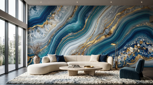 Mural Ágata Geoda en Azul Zafiro y Oro instalado en un salón