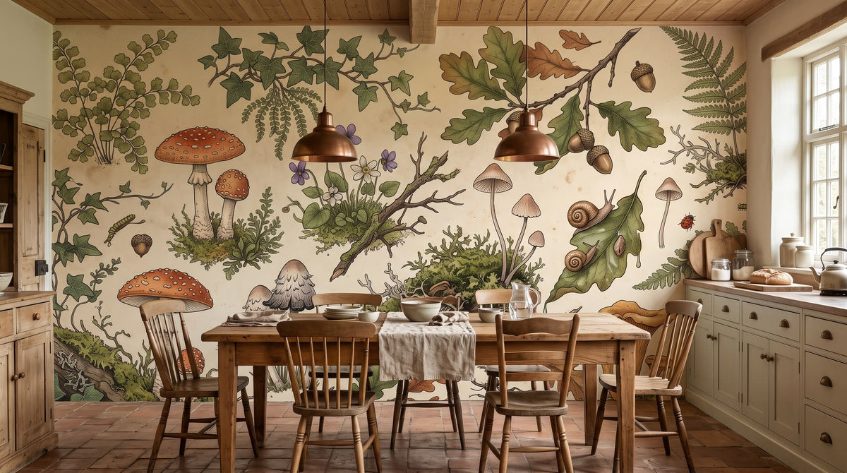 Mural Herbario de Bosque con Setas y Helechos instalado en un cocina