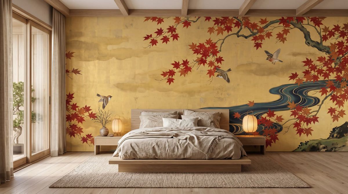 Mural Biombo Dorado con Arces Rojos y Río instalado en un dormitorio