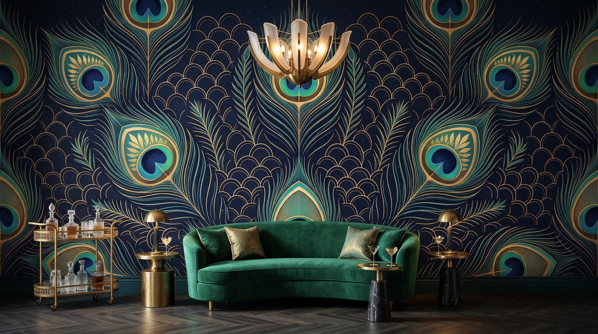 Mural Plumas de Pavo Real en Azul Noche y Oro instalado en un salón